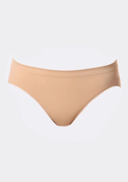 A seamless flesh-colored dance brief for children, made from nylon and spandex, suitable for dance classes and performances.