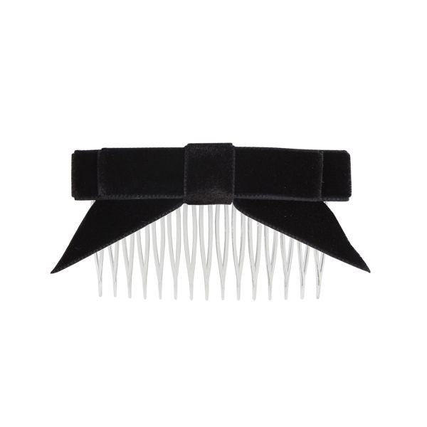 A black velvet hair bow with tails, attached to a comb.