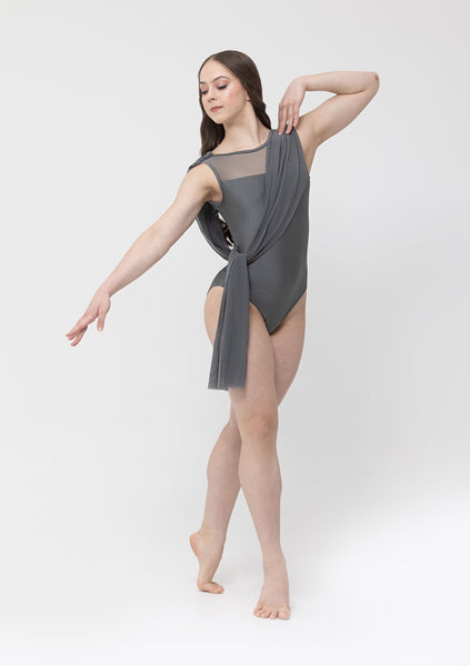 A person wearing a grey leotard with mesh top and a drooping grey sash for lyrical dancing.
