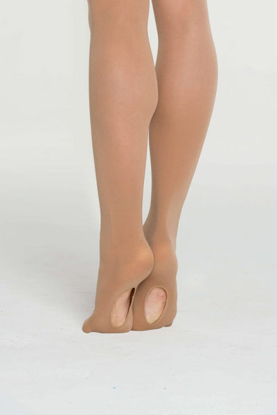 A pair of tan convertible tights designed for child wear, displayed in a standing position. 