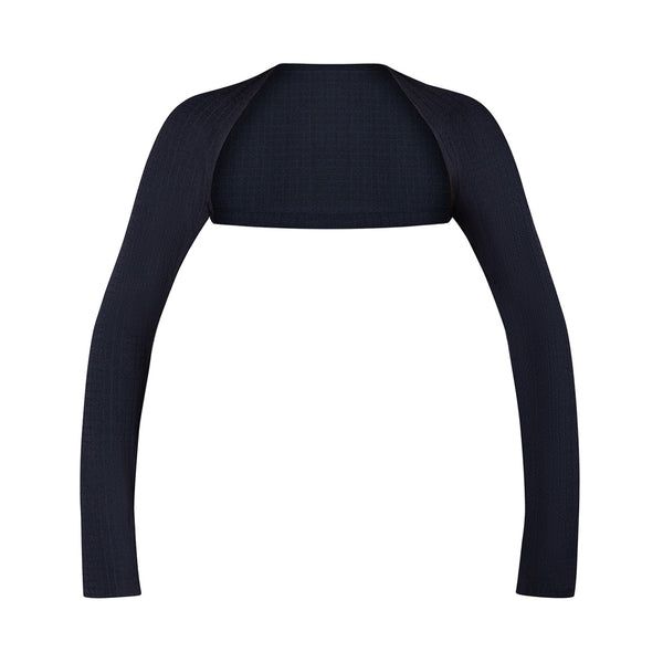 A black bolero shrug worn by dancers for warmth and style