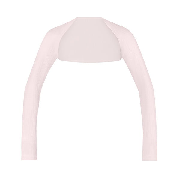 A pink long-sleeved shrug designed with a high neck worn by dancers