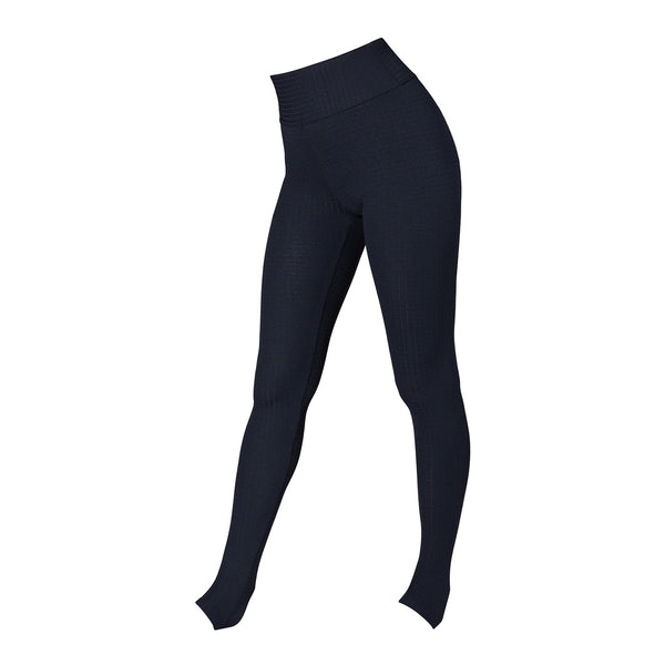 A pair of black stirrup leggings with a high waistband, designed for adults.