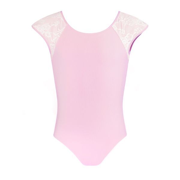 A candy leotard with lace cap sleeves and a teardrop cut-out back, designed for children.