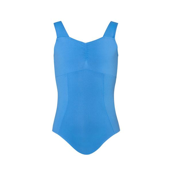 A blue camisole leotard for children by Energetiks, showing a sleeveless design with broad straps and a low cut back.