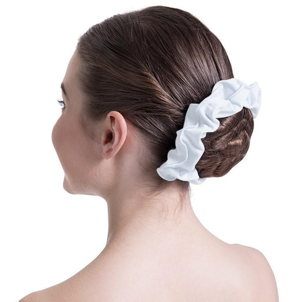 Dancer wearing a Bloch white hair scrunchie around her ballet bun | Dancewear Nation Australia