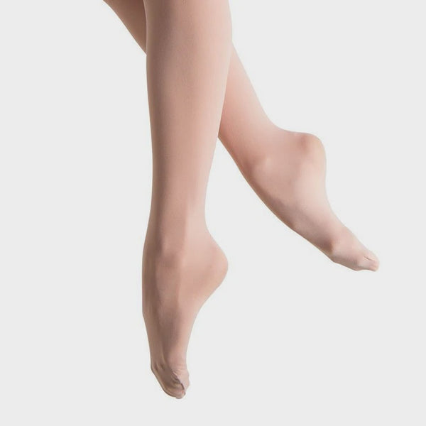 Bloch Embrace Footed Tights, adult size and pink colour, dancer displaying footed sole design 